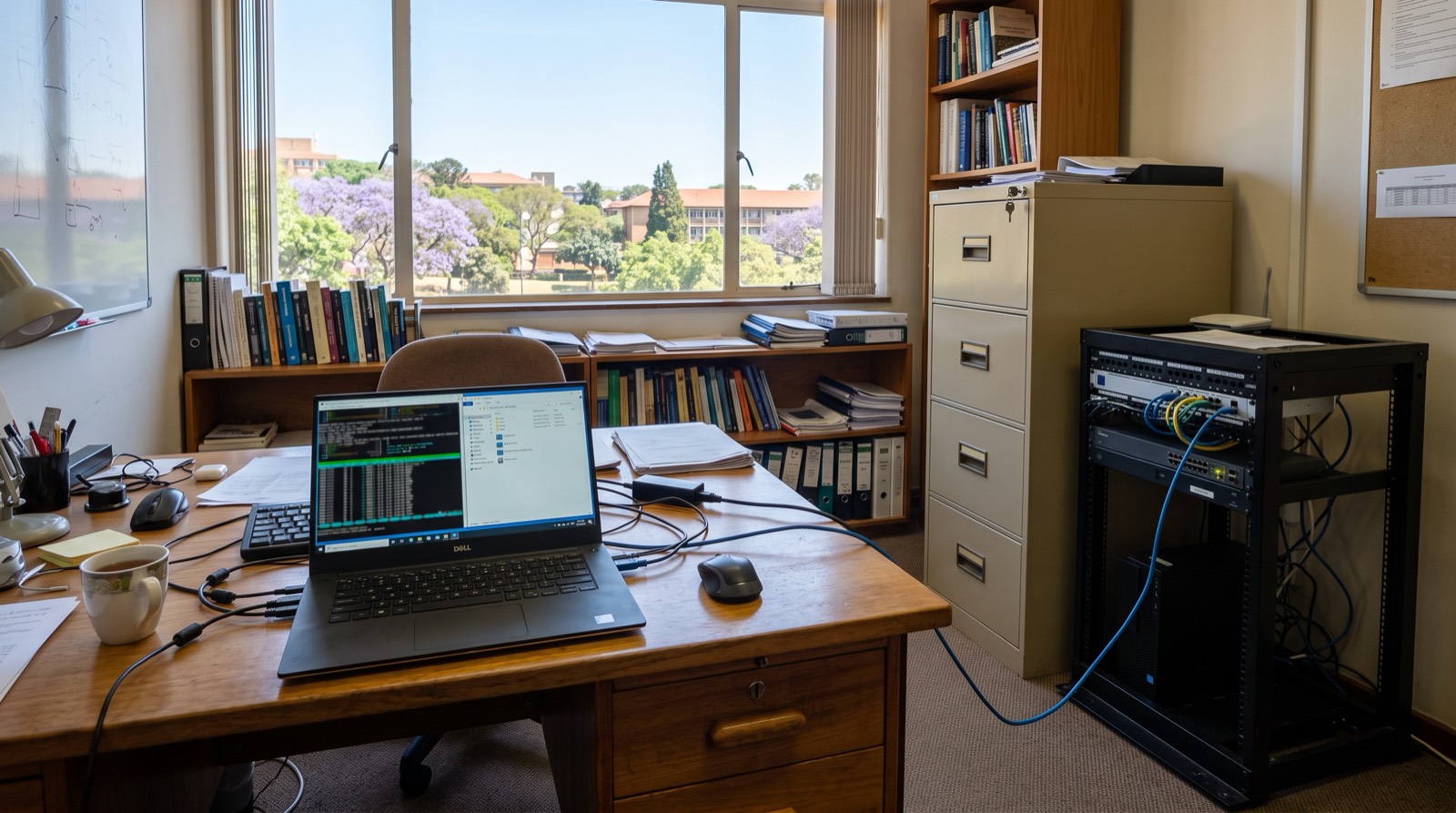 A private campus office where files stay on local systems instead of a public chatbot
